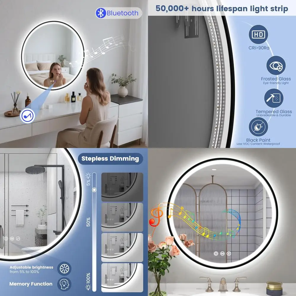 

24 Wall-Mounted LED Bathroom Mirror with Bluetooth Speaker, Touch Control, Dimmable 3-Color Lighting, Anti-Fog