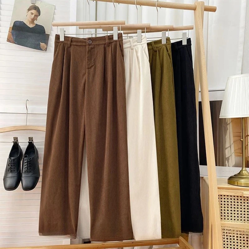 Autumn Winter New Casual Retro Corduroy Women's Pants High Waist Elastic Coffee Straight Pants Korean Office Women's Trousers