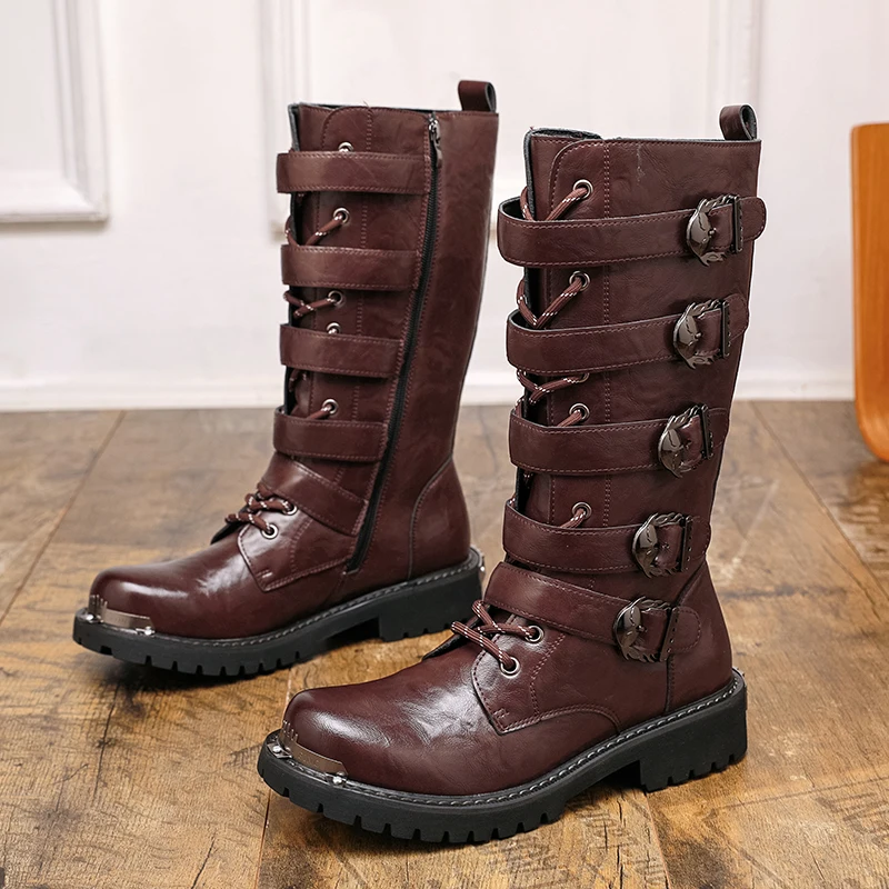 

Large Size 38-46 Men PU Leather Motorcycle Boots Mid-calf Breathable Combat Boots Gothic Belt Punk Boots Men Rock Punk Shoes