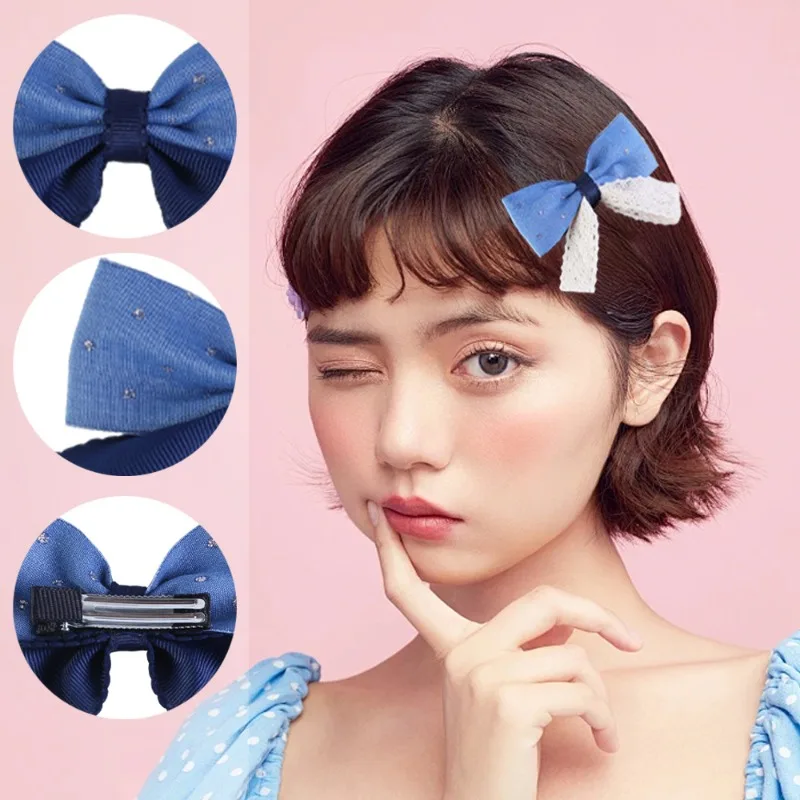 

Korean version of the new blue bow hairpin, sweet denim lace fabric, cute girl hair accessories