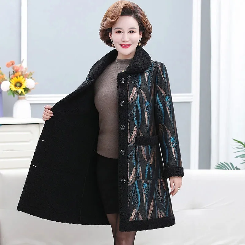 Middle-aged Mom Fur Jacket  Autumn Winter Faux Cashmere Splicing Overcoat Women Fur integration Fur Coat Large Size XL-5XL Coats