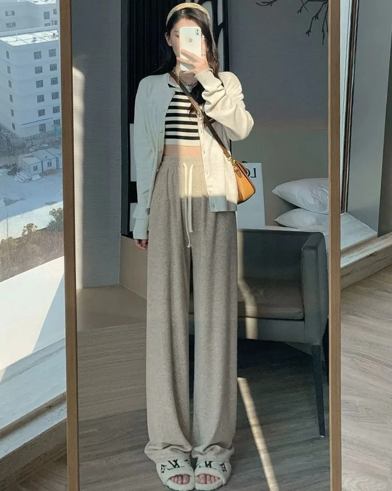 2025 الكاكي الكشمير بنطال ذو قصة أرجل واسعة المرأة عادية مستقيم الساق نسخة ضيقة لينة شمعي قطرة متماسكة السراويل النساء