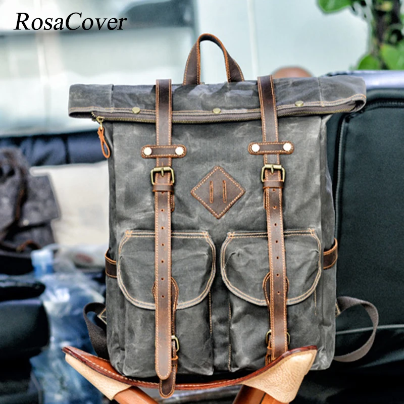 

Europe Canvas Leather Backpacks Mens 15" Laptop Daypacks Waterproof Canvas Rucksacks Large Oil Waxed Travel BackPack Mochilas