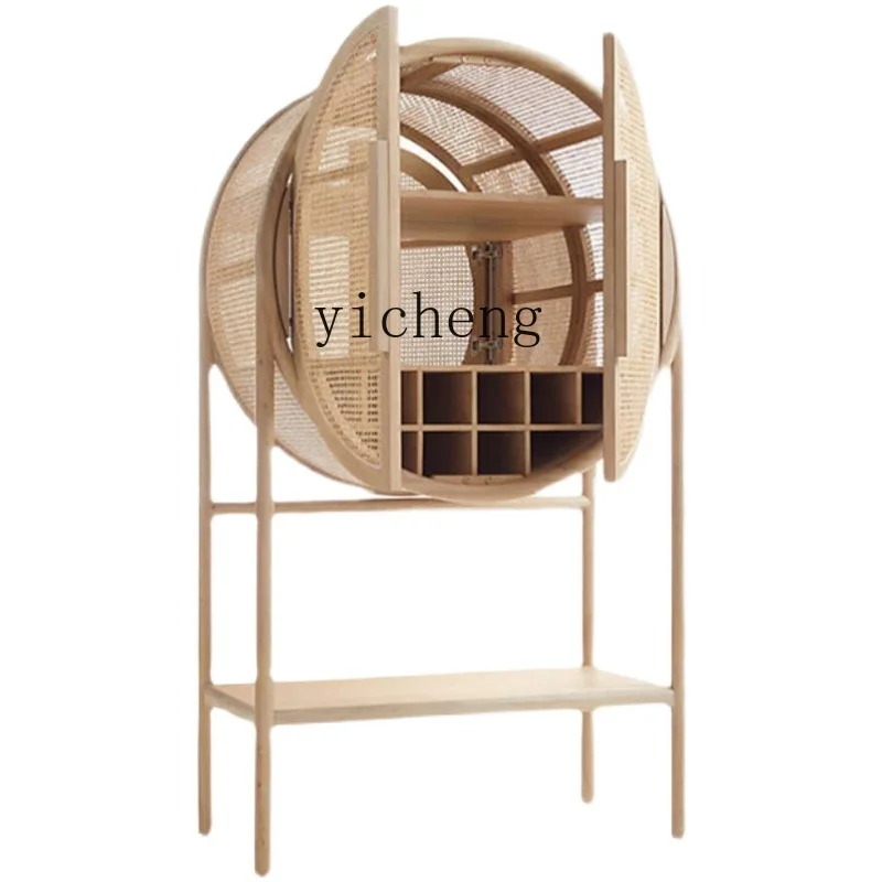 

Special-shaped double-door round wine cabinet American country home art solid wood rattan locker