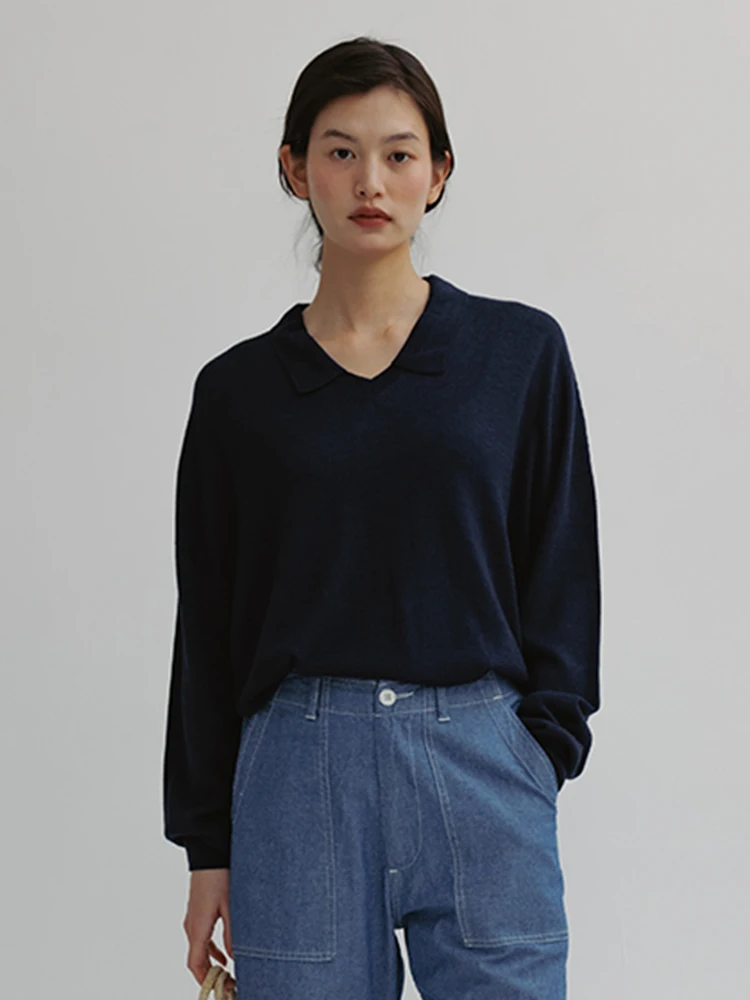 

Однотонный вязаный свитер женский, повседневный, с тонким воротником, весенняя новинка в корейском стиле, универсальный, приталенный, с длинным рукавом, V-образный вырез, топ