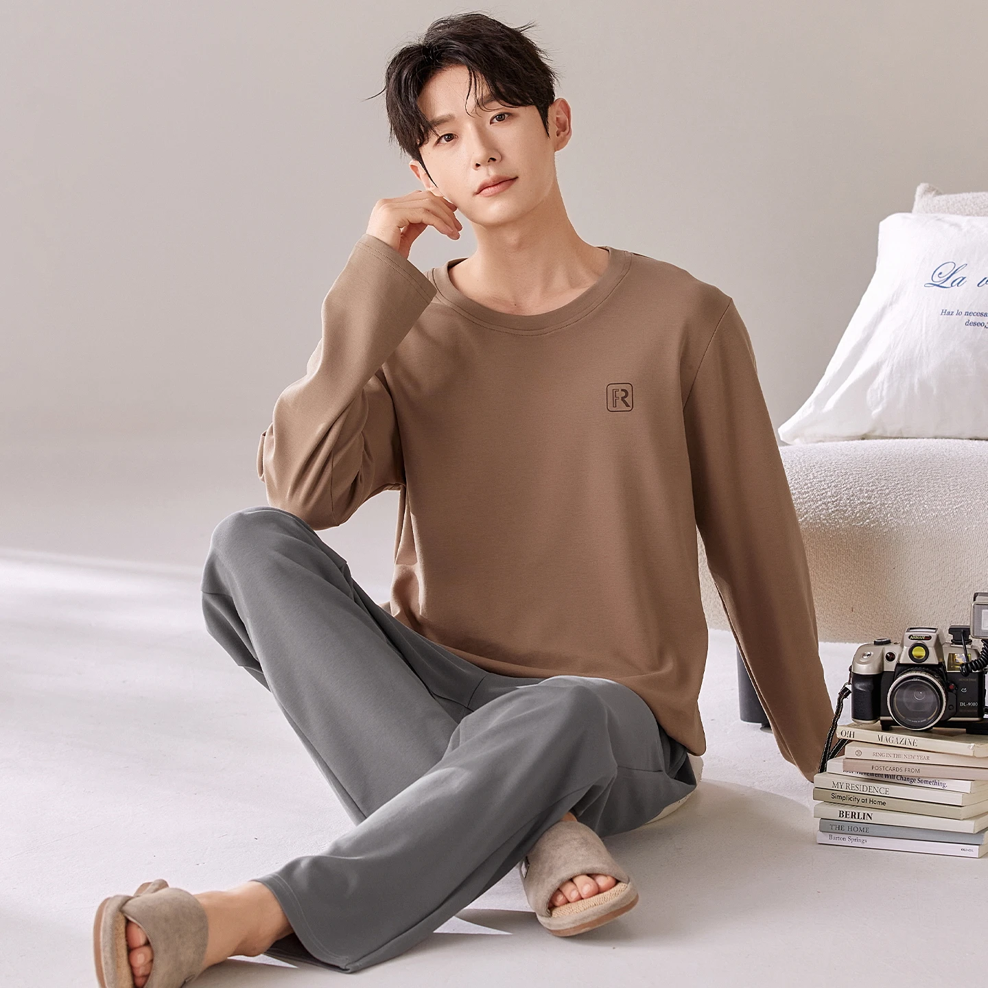 

Korean Fashion Cotton Nightwear for Men Long Sleeves Trousers Homewear for Autumn and Spring Young Boy Pjs Pyjamas Homme