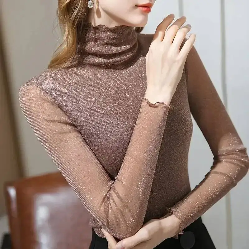 بلايز امرأة بريق الترتر ربيع الخريف سليم كم طويل تي شيرت للنساء حجر الراين الكورية الملابس الشعبية Pulovers نمط Kpop