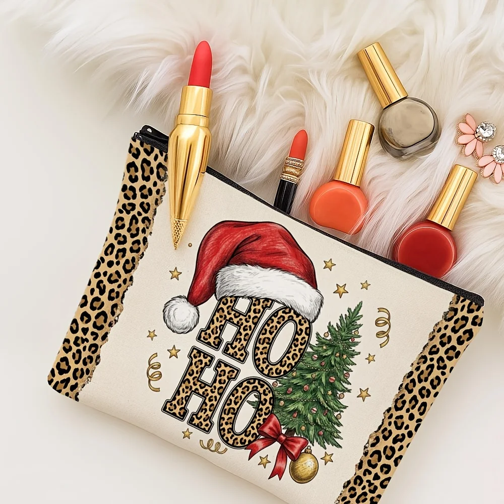 Christmas Leopard Ho Ho Ho Letter Santa Hat Decorated Christmas Tree Star Ribbon Cosmetic Bag Portable Travel Makeup Pouch