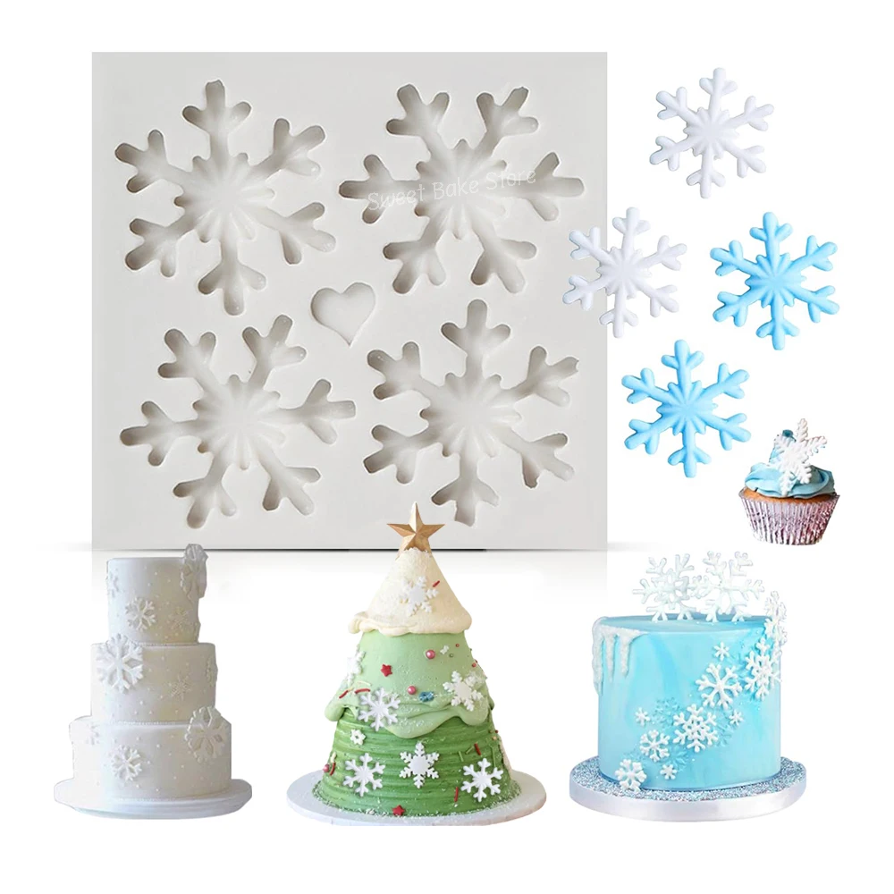 4-Cavity 3D Snowflake Silicone Fondant Mold, Christmas Theme Mould, For Chocolate, Candy, Xmas Cake Decoration Baking Molds