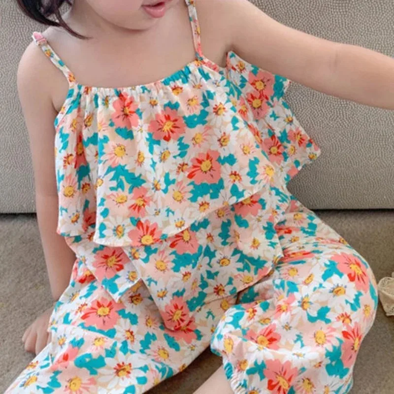 Summer New Baby Girls' Suits Cute Floral Vest And Anti-Mosquito Pants Children Clothing Sets Fashion Kids Outfit