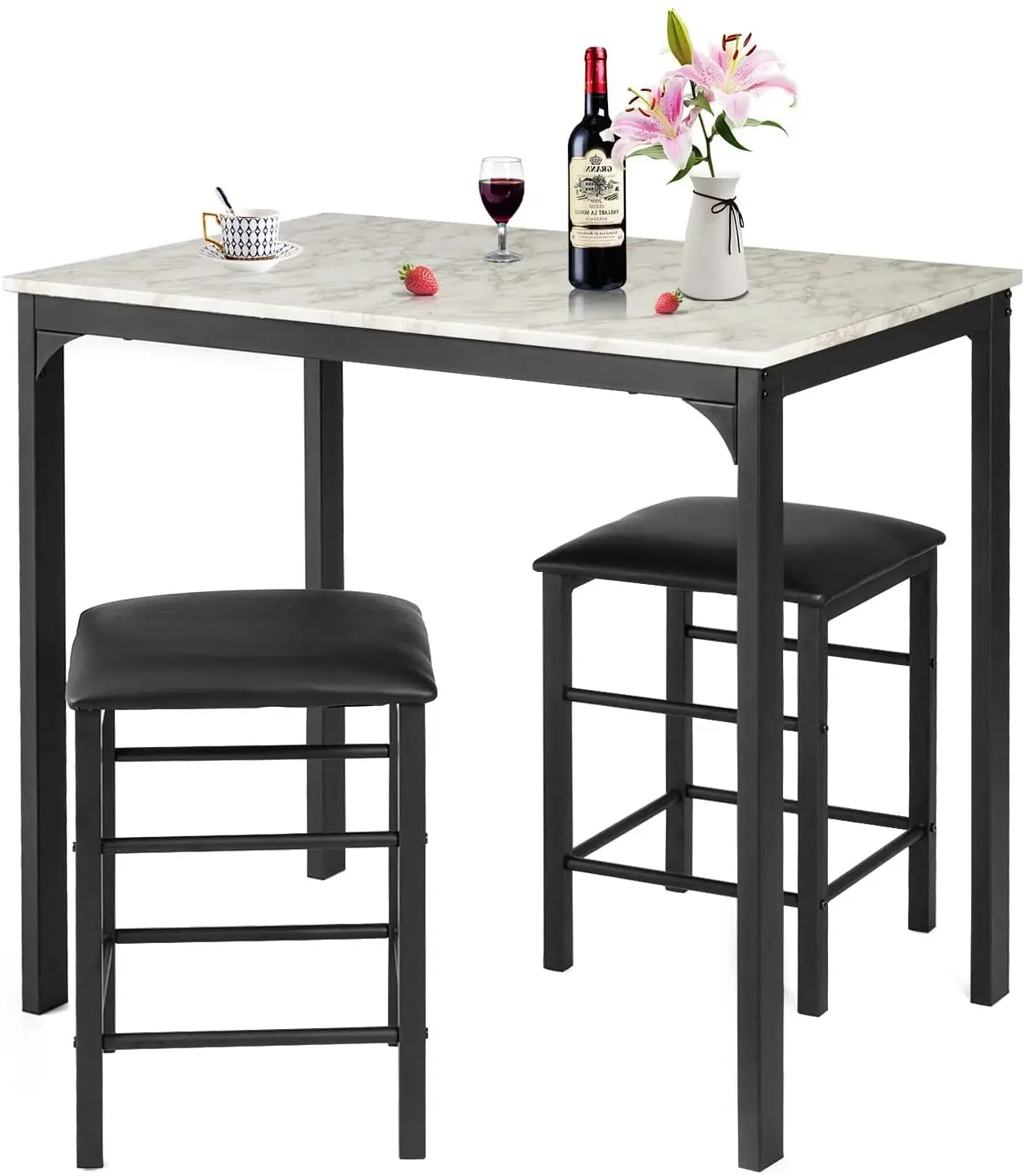 

3-Piece Dining Table Set With 2 PU Leather Bar Stools Counter Height Pub Table For Living Room Restaurant Black