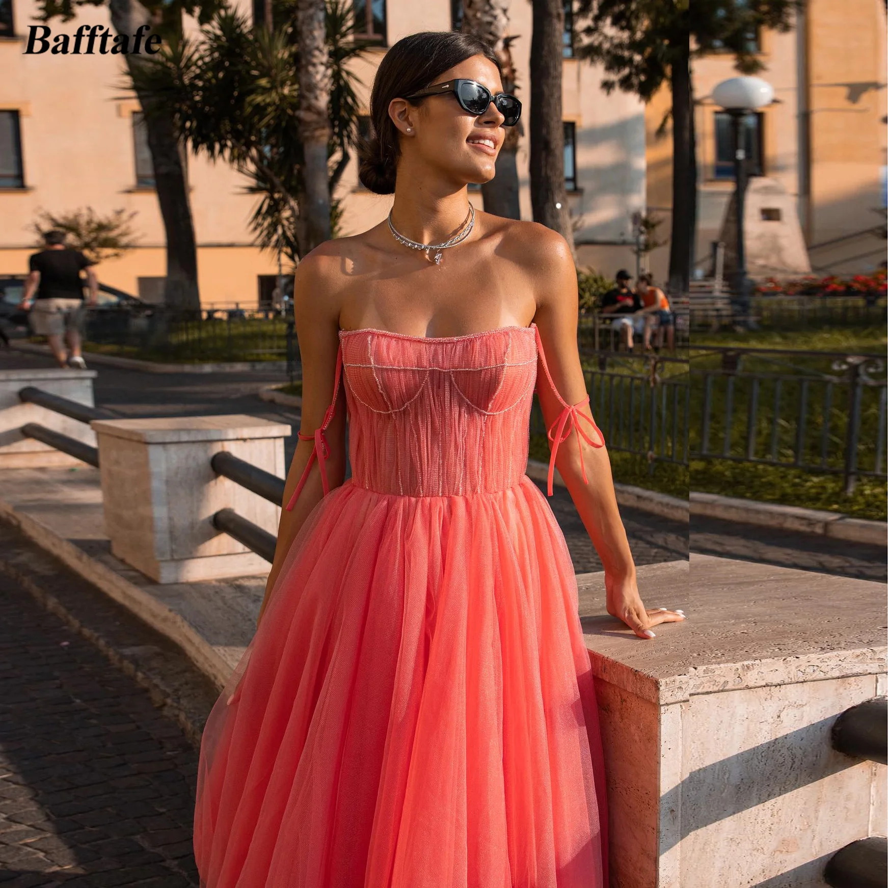 

Bafftafe Beaded A Line Tulle Prom Dresses Off The Shoulder Evening Formal Party Dress Pleated Women Wedding Bridesmaid Gowns