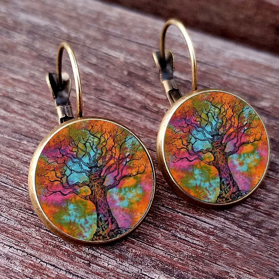 2024 Colorful Tree of Life Round Earrings Colorful Tree Pendant French Earrings Women's Favorite Charm Jewelry Earrings