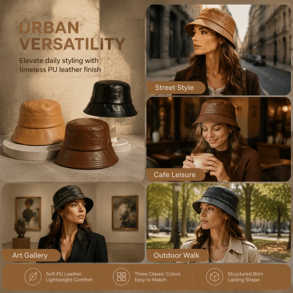 Casual Solid Color Sun Bucket Hat Lightweight Packable Wide Brim Hat Vintage Style Versatile PU Leather Hat Daily Wear