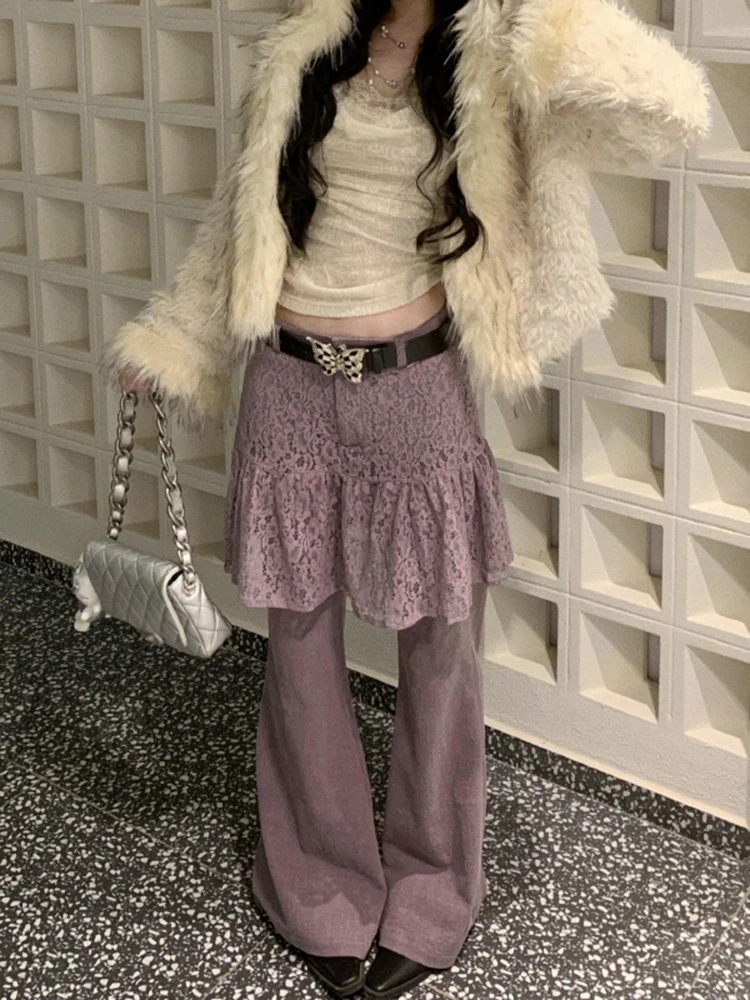 

Американский стиль, ретро, кружевная занавеска, повседневная юбка, брюки, женские осенне-зимние нишевые винтажные повседневные брюки