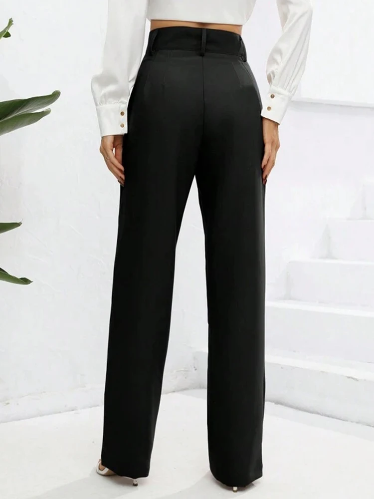 Fashionable pleated black business suit pants with front pocket straight leg pants, retro high waisted zipper women\'s suit pants