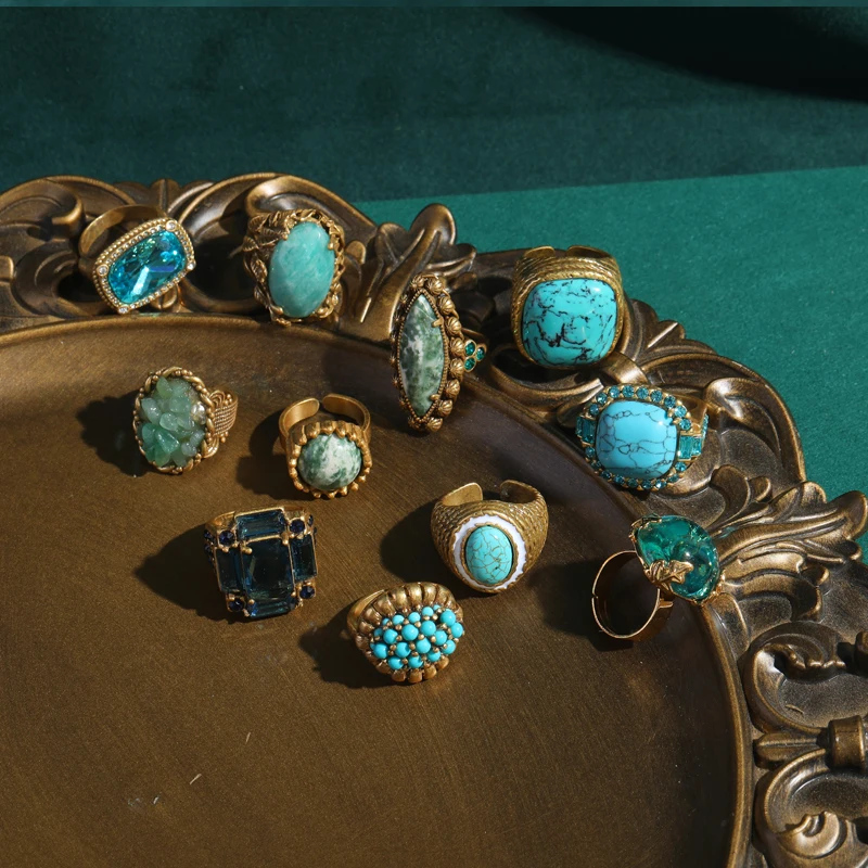 Vintage Sea Blue Rectangular Crystal Ring Gold Color Luxury Design Antique with Rhinestones Copper Jewelry Accessories for Women