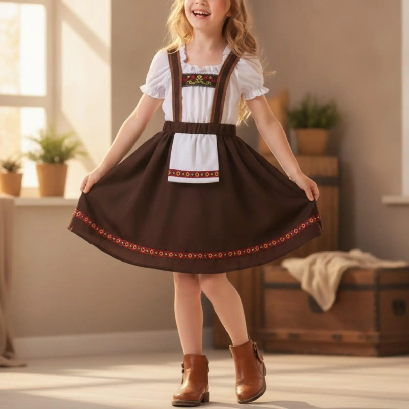 Girls Traditional Folk Dress with Wide Shoulder Straps for Cultural Festival and Stage Performance Wear
