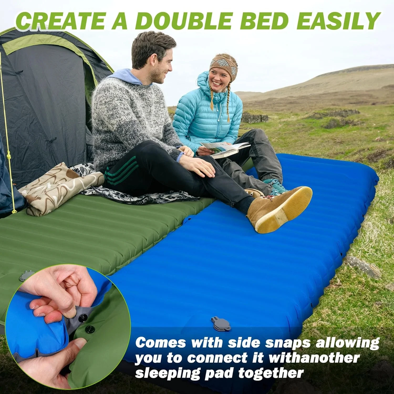 Extra Thick 4 Inch Camping Sleeping Pad, Self-Inflating Spliceable Mat for Outdoor Hiking Fishing