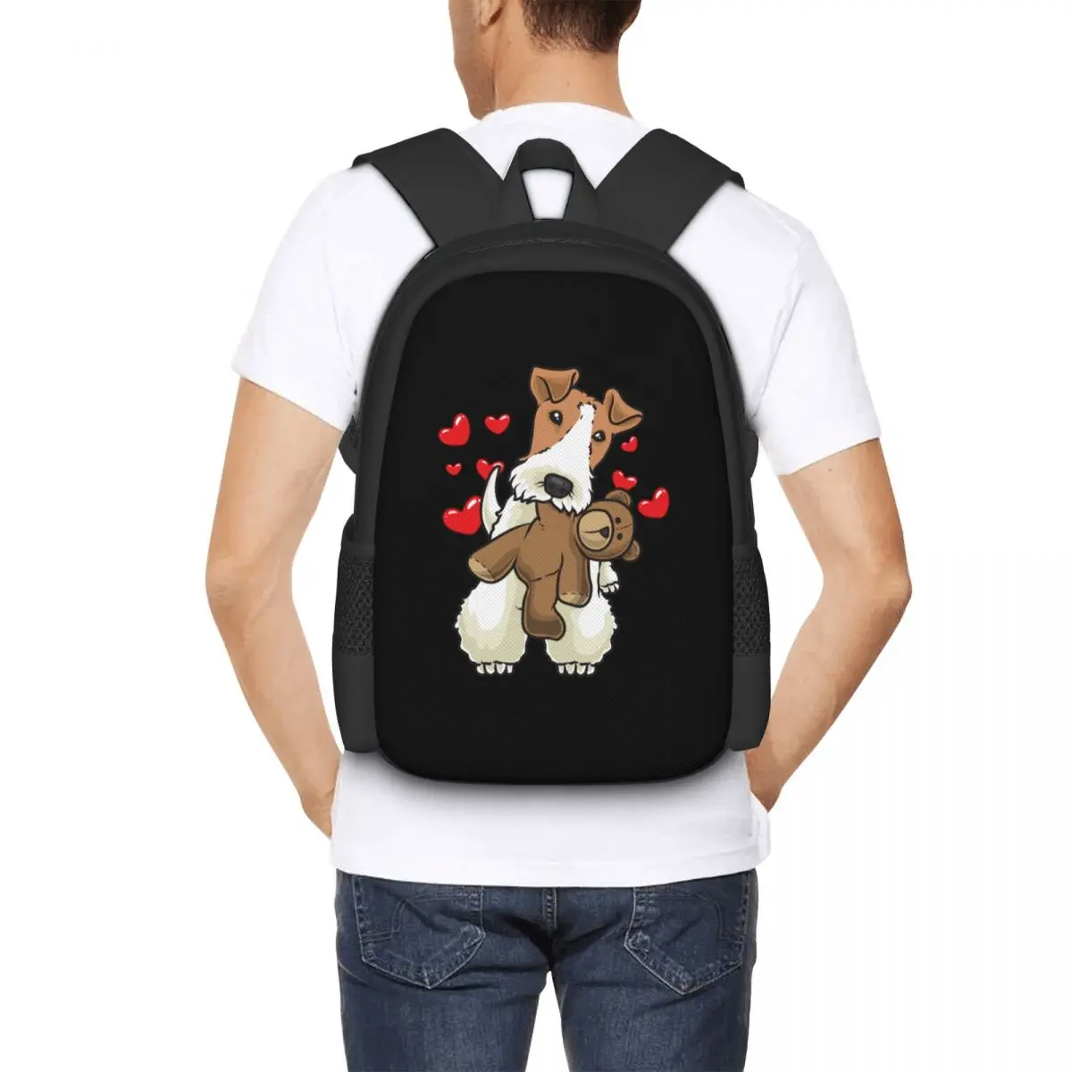 Fox Terrier Wirehaired Dog with Stuffed Animal  Collaboration Backpack Large Capacity Cute Foldable  Clothes Backpacks