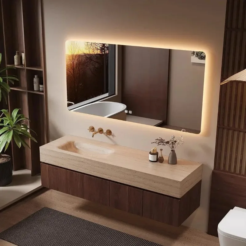 Medieval style travertine rock slab hot bending integrated basin bathroom cabinet combination wash basin washbasin cabinet