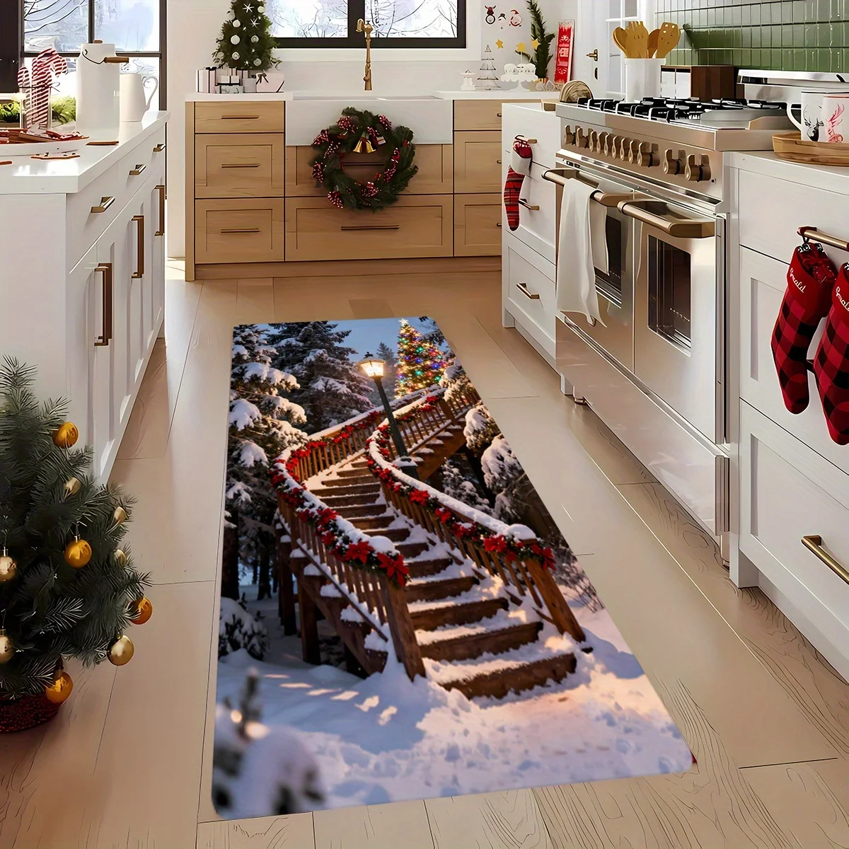 VIKAMA 3D Winter Forest Xmas Runner Rug Snow‑covered Stair Pine Tree Red Bow Pattern Wear‑resistant Hallway Floor Mat