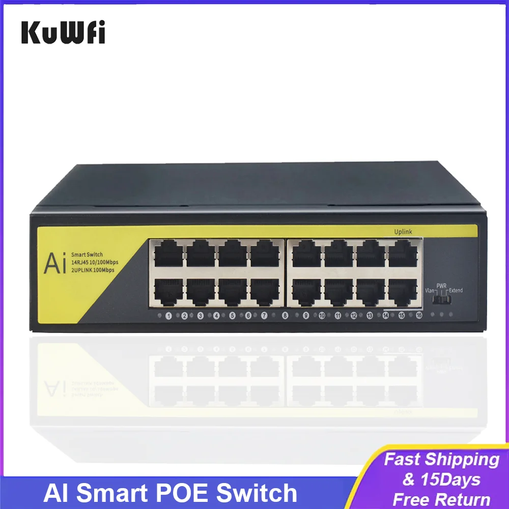 KuWfi 48 В POE-коммутатор 16-портовый сетевой Siwtch Ethernet 10/100 Мбит/с для IP-камеры/беспроводной точки доступа/камер видеонаблюдения