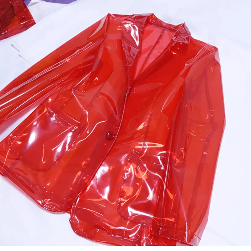 Man Transparent Bright Red Crystal PU Plastic Suit Jacket Women Fashion See Through Wateproof Coats DJ Club Private Party Tops