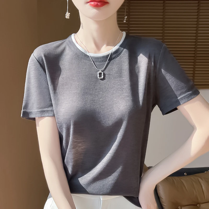 

Korean Version Of Spring Wool Fake Two Short-Sleeved Bottom Shirt Ladies High-Grade Solid Color Foreign Style Thin Top RW M19