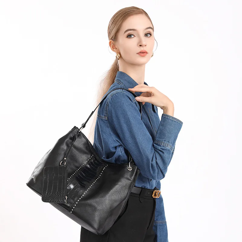 Women New Spring Summer Large Capacity Studded Retro Euro Mother Daughter Shoulder Tote Bag Daily Commuter