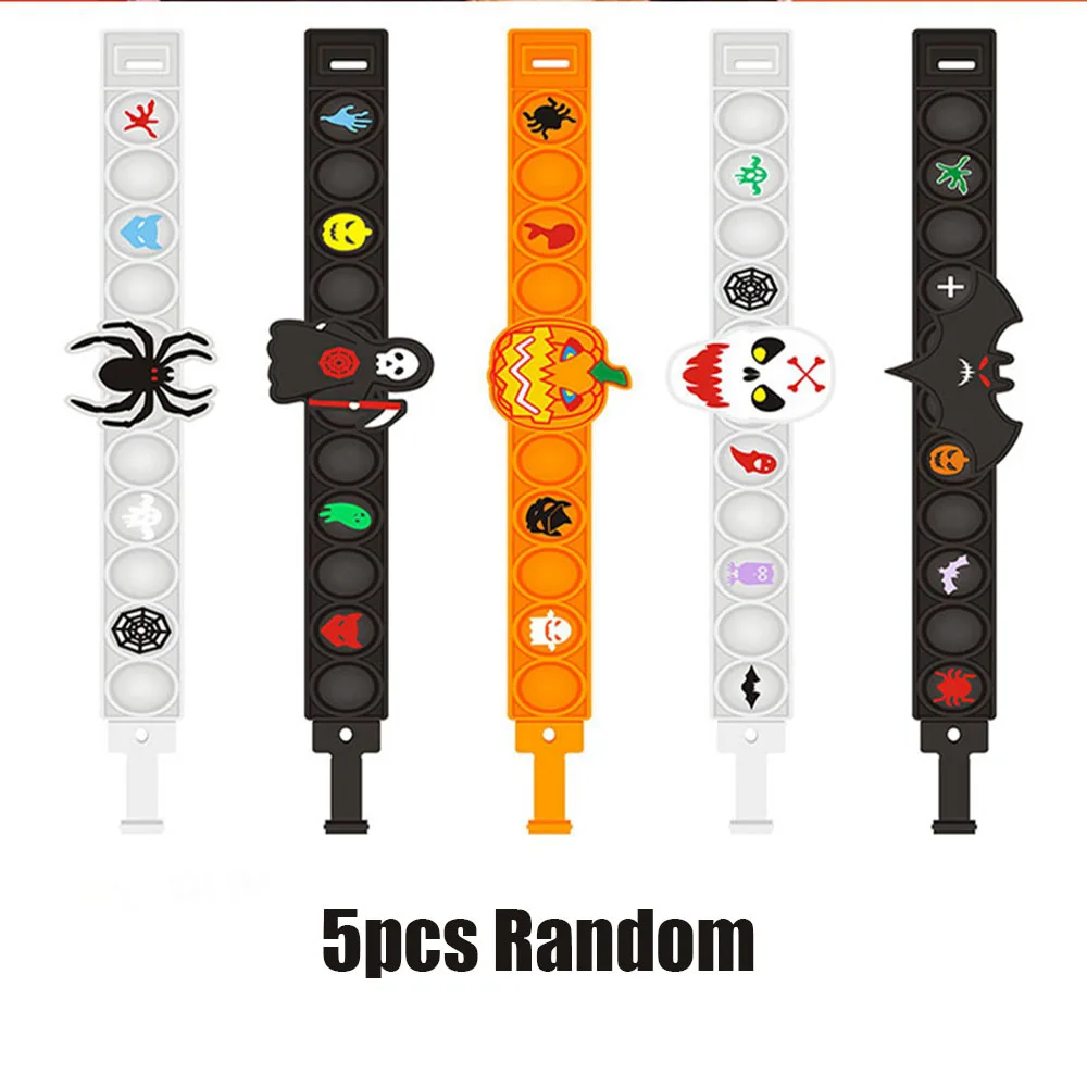 5PCS Halloween Pop Bubble Bracelet Stress Relief Fidget Toys Spider Skeleton Bracelets Set Party Favors Wristbands Gifts