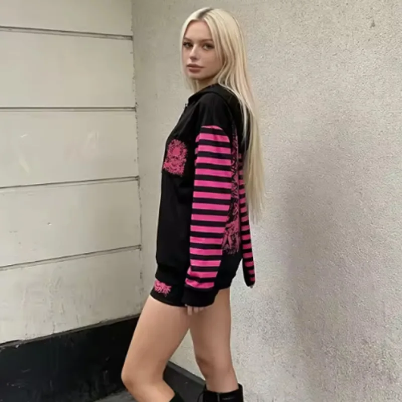 European and American cross border Women 2026 Zip Up Hoodie Dark Pink Black Punk Skull Print Striped Sleeve Streetwear Cardigan