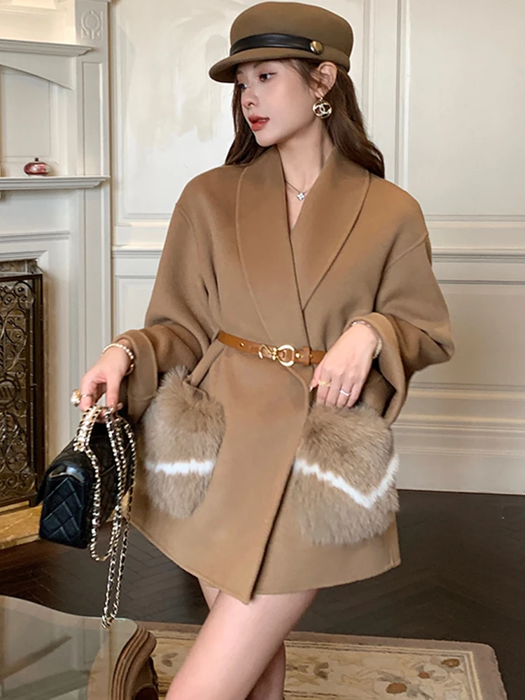 Winter Women's Wool Cashmere Warm Bat Shirt Jacket Real Natural Fox Fur Pockets Coat Luxury Thick Coat Free Shipping