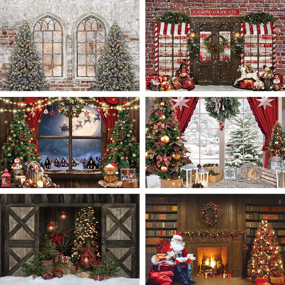 

Merry Christmas Photography Backdrop Window Wreath Santa Claus Toy Shop Hot Cocoa Pine Snowflake Portrait Background Decoration