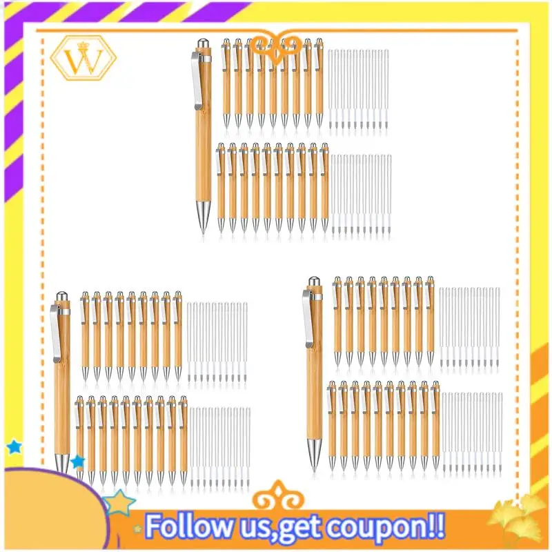 A01K-60 Pcs Bamboo Retractable Ballpoint Pen And 60 Pcs Extra Refills, Black Ink 1 Mm Bamboo Pen Retractable Wooden Pens