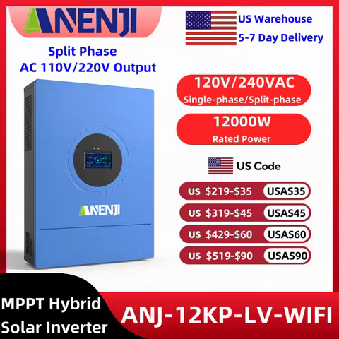 ANENJI 12KW 110V 120V Split-phase Hybrid Solar Inverter Parallel Off Grid Inverter with Built-in 220A solar charge controller