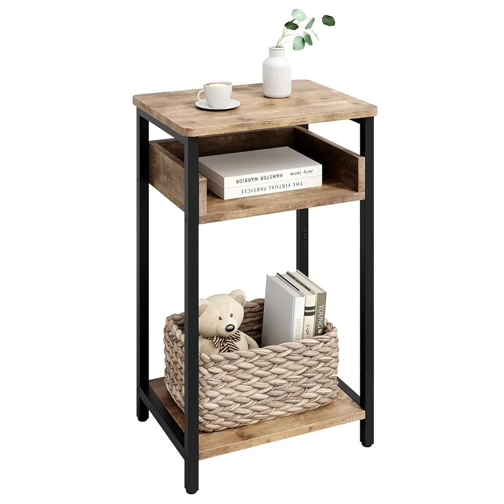 

Side Table, 25 H High End Table, Small Bedside Table For Living Room, Bedroom And Office, Greige & Black