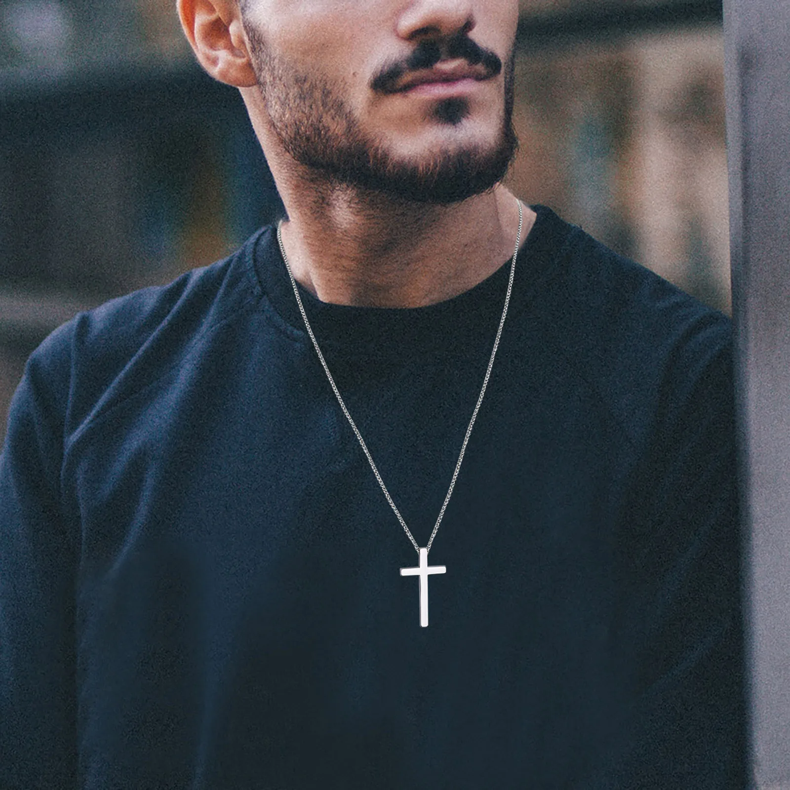 Vnox Cross Necklaces for Men Women, Simple Plain Black Silver Color Stainless Steel Thick Cross Pendant with Box Chain