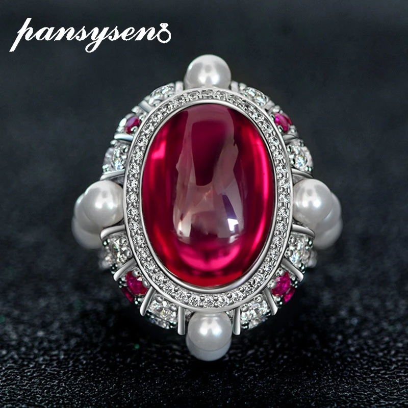 

PANSYSEN Hyperbole 925 Sterling Silver 13*18MM Oval Cut Ruby Pearl High Carbon Diamond Rings for Women Wedding Party Jewelry