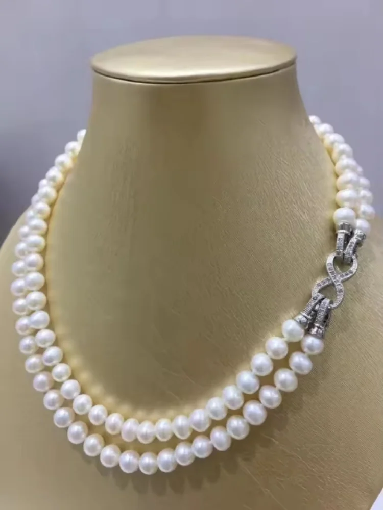 Designer 18“ Huge 2 rows AAAA++9-10mm circular natural akoya white pearl necklace as a surprise gift