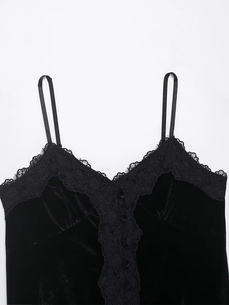 HH Frau Mode Französisch V-ausschnitt Schwarz Spitze Splice Dekoration Samt Sling Backless Sling Freizeit Ärmellose Sommer Kurze Tops