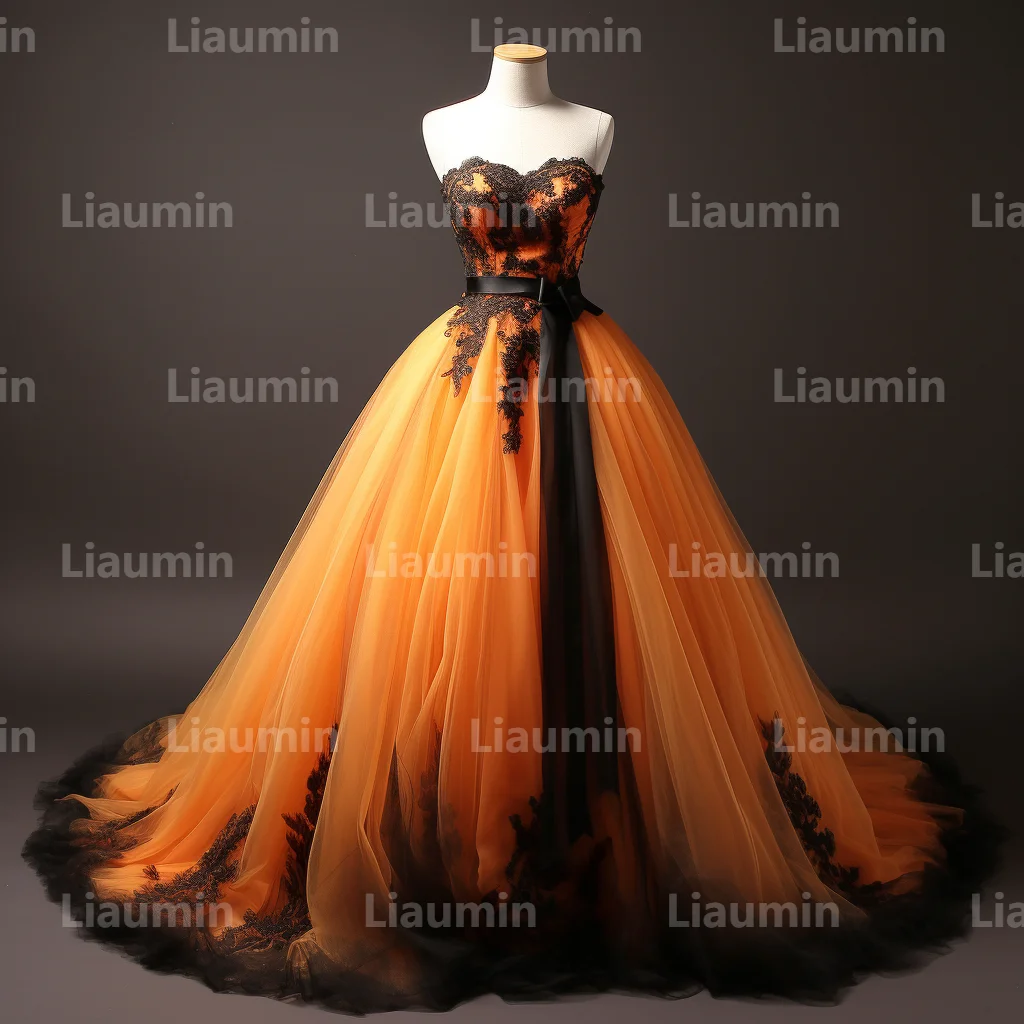 Oranje Tule En Zwarte Strapless Avondjurk Galajurken Een Lijn Full Length Formele Thday Briparty Kleding Met Veters A2-7