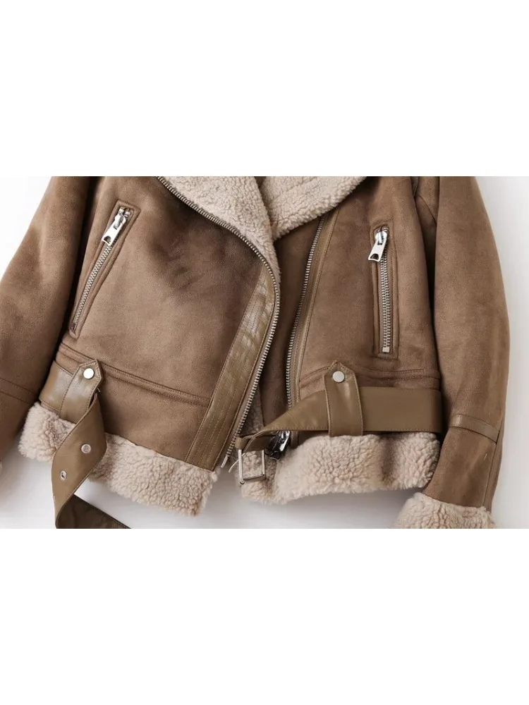 Women Faux Fur Lambwool Coat Suede Jackets with Belts Casual Thick Warm Biker Jackets Zipper Oversize Leather Windbreaker