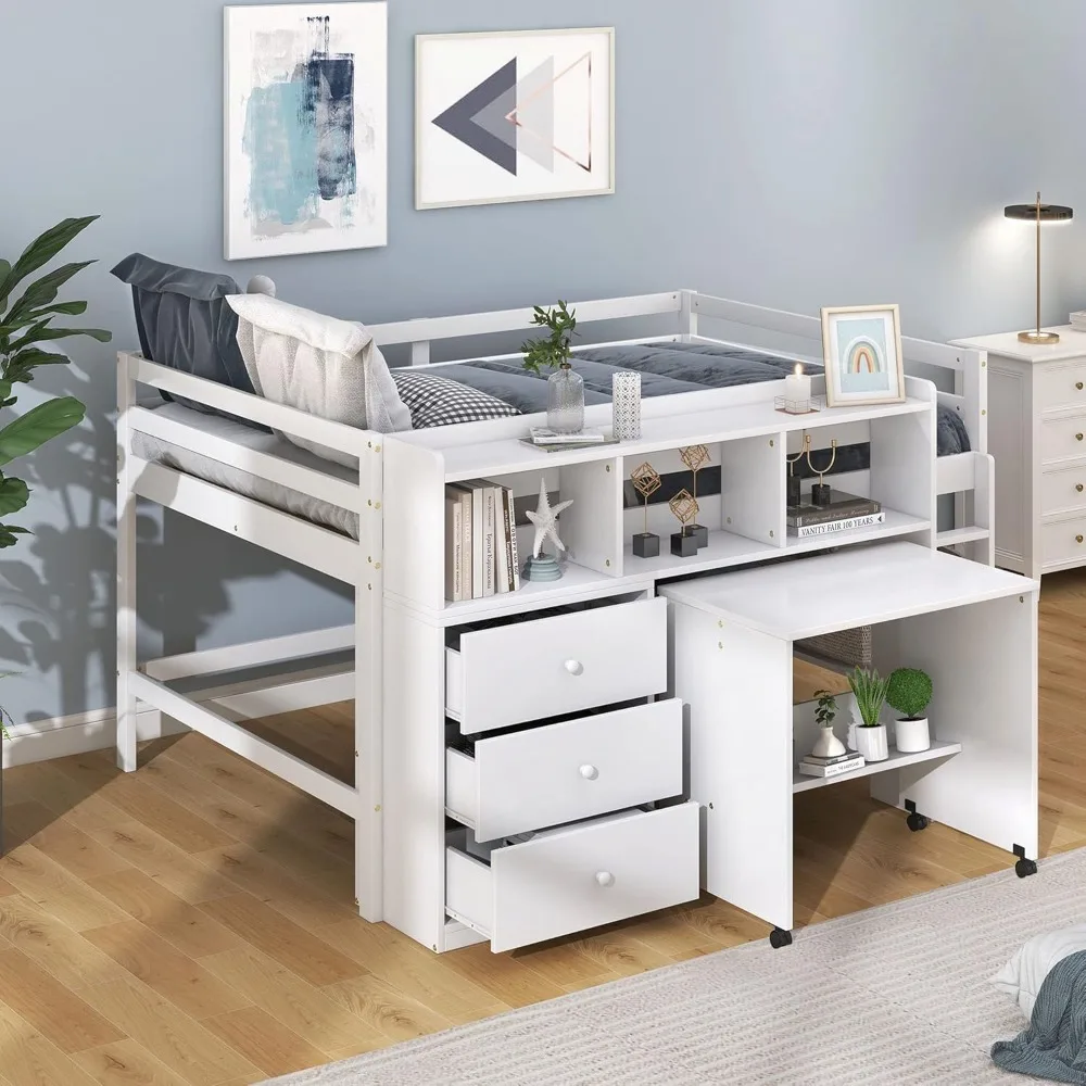 

Low Loft Bed Full Size with Desk, Drawers and Shelves, Wood Full Loft Bed Frame with Storage for Kids Girls Boys Teens