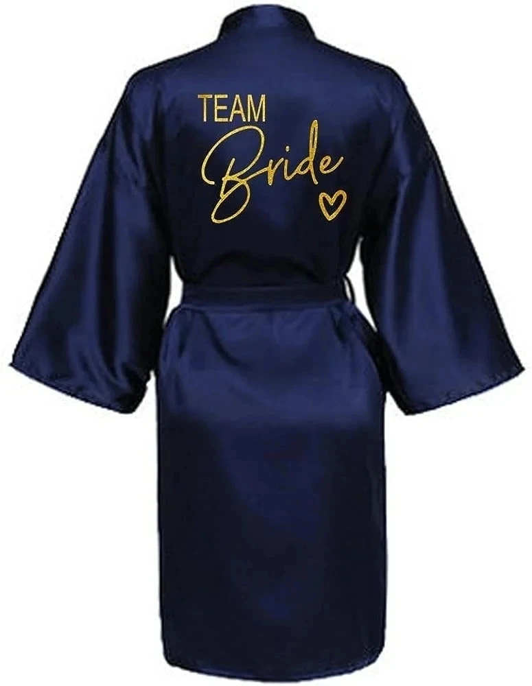 Wedding Party Team Bride Robe Kimono Satin Pajamas Bridesmaid Bathrobe Gold Letter SP089