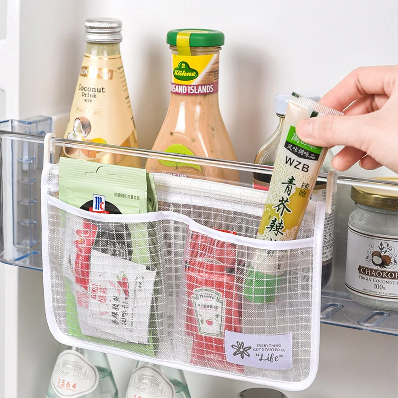 

1/2pcs Refrigerator Storage Mesh Bag Portable Seasoning Food Snacks Net Bag Double Compartment Hanging Bag Rangement Cuisine