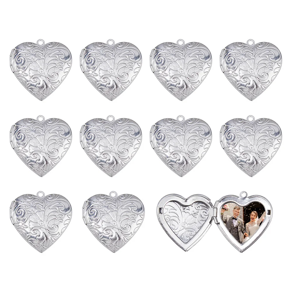 12Pcs Stainless Steel Heart Photo Frame Charms Heart Memory Locket Picture Locket Charms 29×29×7mm