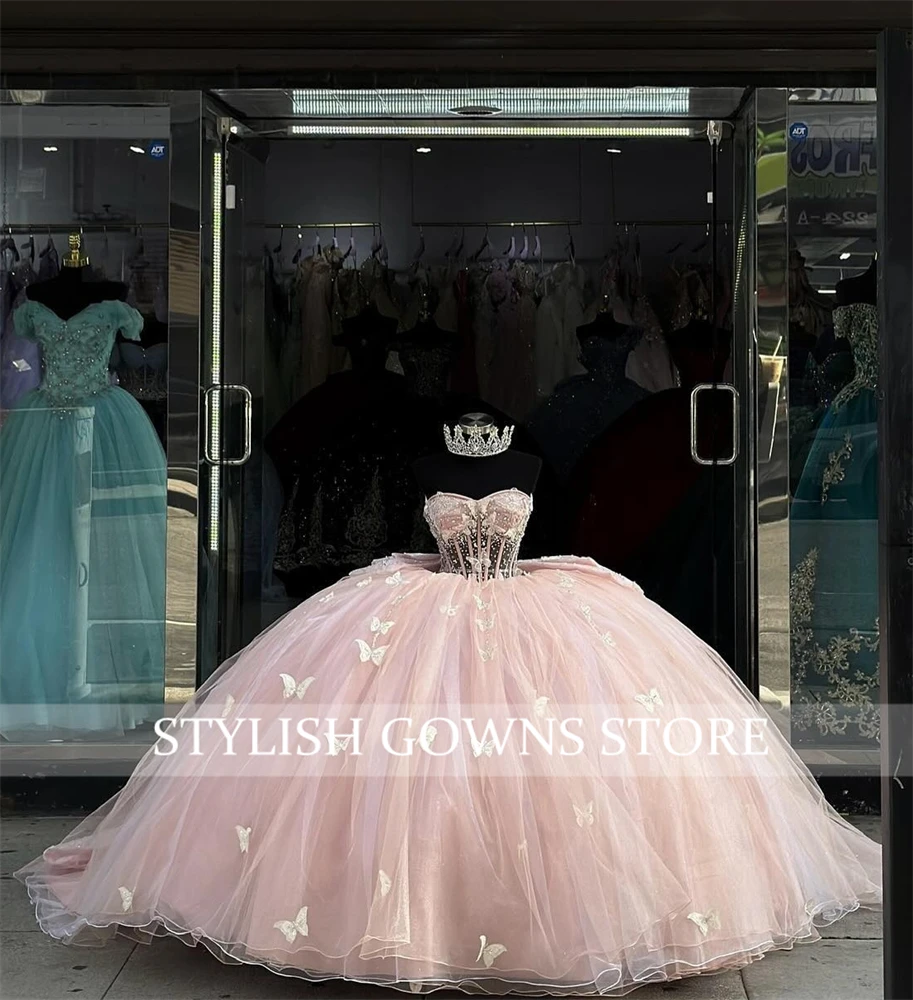 Mexico Pink Sweetheart Ball Gown Quinceanera Dresses For Girls Butterfly  Birthday Party Gowns Beaded With Bow Customized