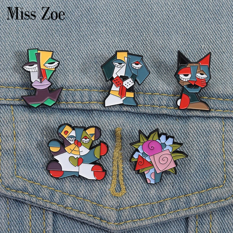 Farbblock-Nähte, Katze, Emaille-Anstecknadeln, Picasso, abstrakte Gemälde, Broschen, Anstecknadeln, Kleidung, Tierschmuck, Geschenk für Freunde