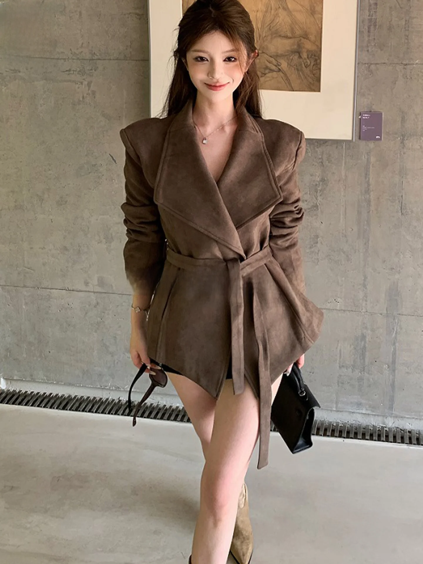 

ROUJE KEFSS Women's Long Sve Jaet Loose Casual High Waist Tied Waist Autumn Outerwear Ele Sle Comfortable Top